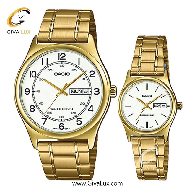 ساعت مچی اورجینال ست کاسیو Casio طلایی | طلایی| سفید| کد رفرنس زنانه: LTP-V006G-7BUDF، مردانه: MTP-V006G-7BUDF